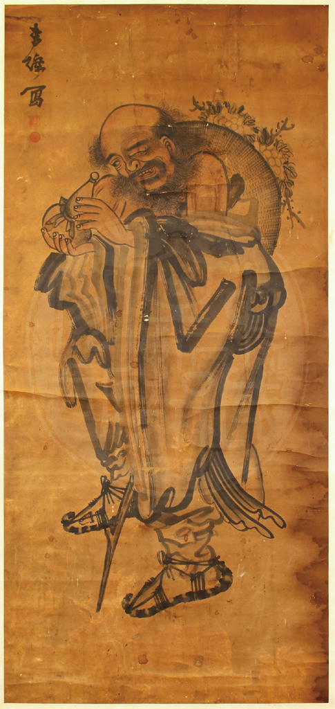 鐵拐李手上拿著葫蘆,當觀者抬頭欣賞畫作時,其實代表著吉祥話:「抬頭見福(葫)」。圖│文哲所圖書館